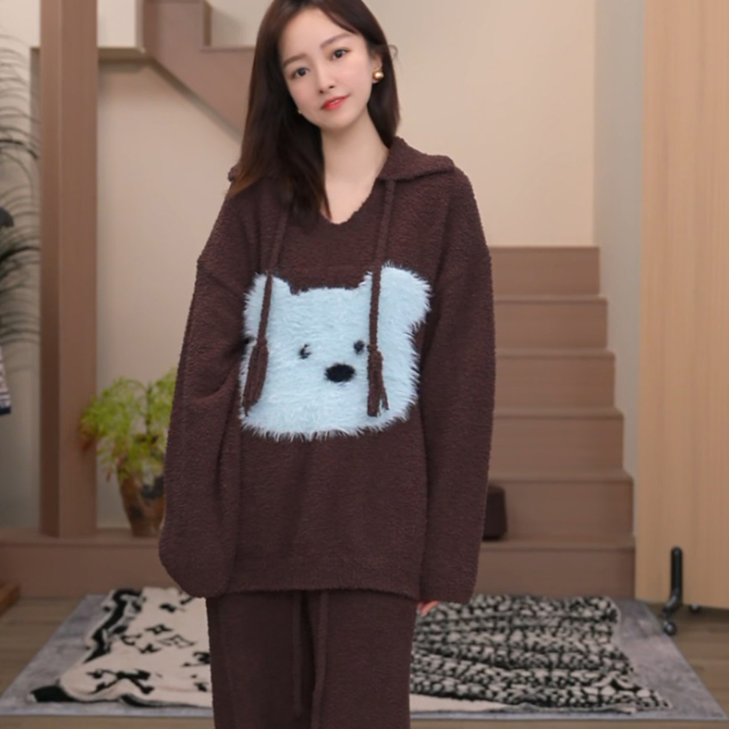 保暖半边绒睡衣女士可外穿家居服