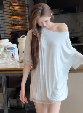 莫代尔斜肩睡衣蕾丝短袖短裤套装