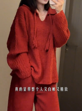 保暖针织半边绒睡衣女秋冬款2025新款圣诞红毛绒可外穿家居服套装