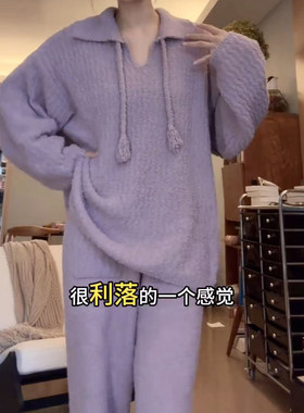 半边绒睡衣女保暖加厚家居服套装
