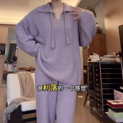 半边绒睡衣女保暖加厚家居服套装