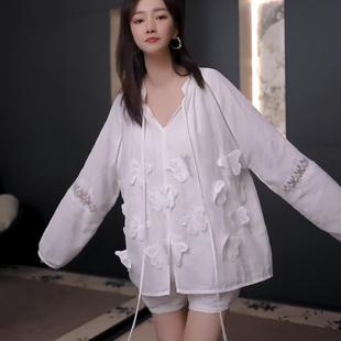 韩系立体蝴蝶纯棉睡衣女款2026春夏新款高级感蕾丝拼接家居服套装
