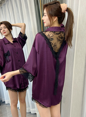 紫色性感冰丝睡衣女夏新款2026高级感蕾丝镂空女士睡裙套装家居服