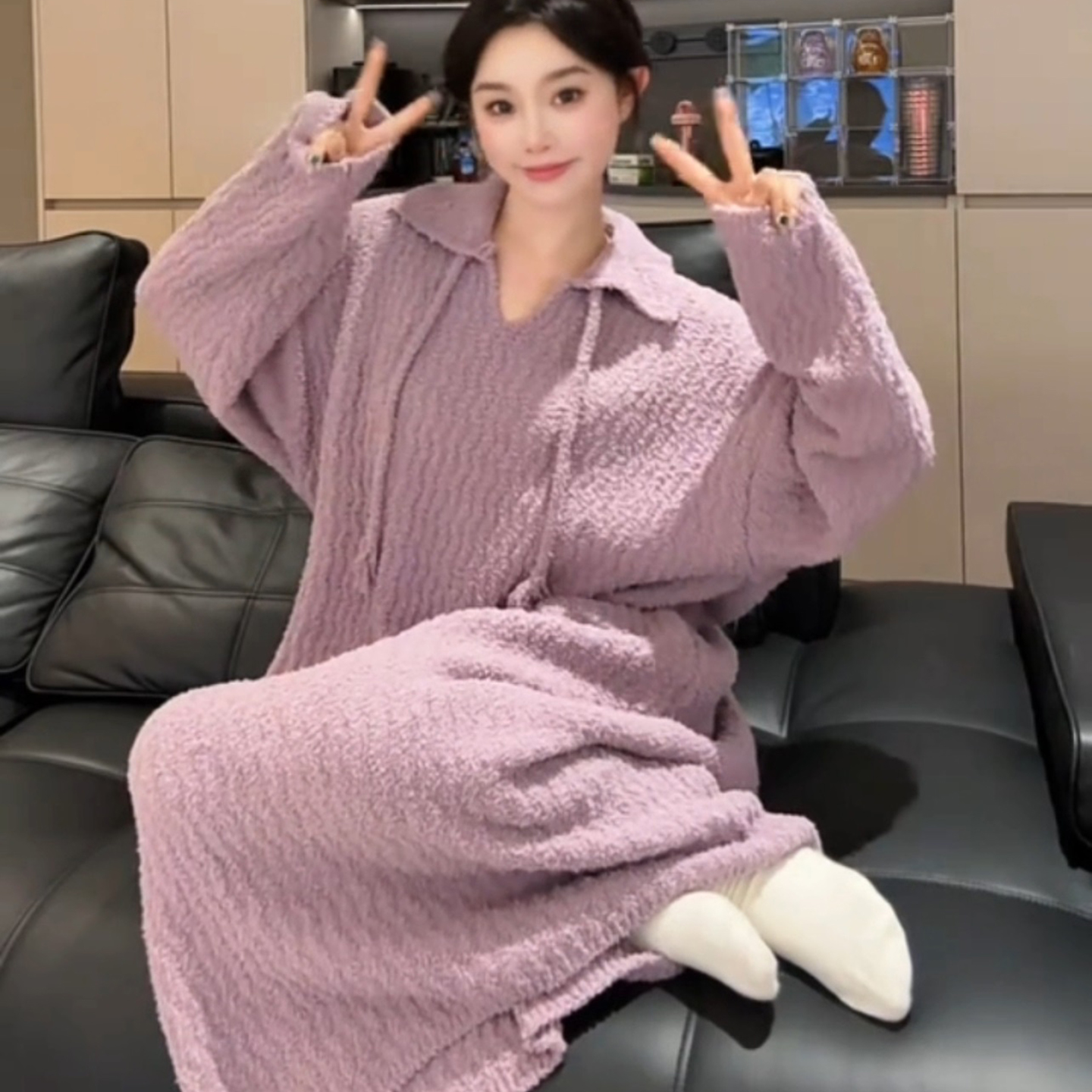 软绵绵半边绒冬天睡裙女款家居服