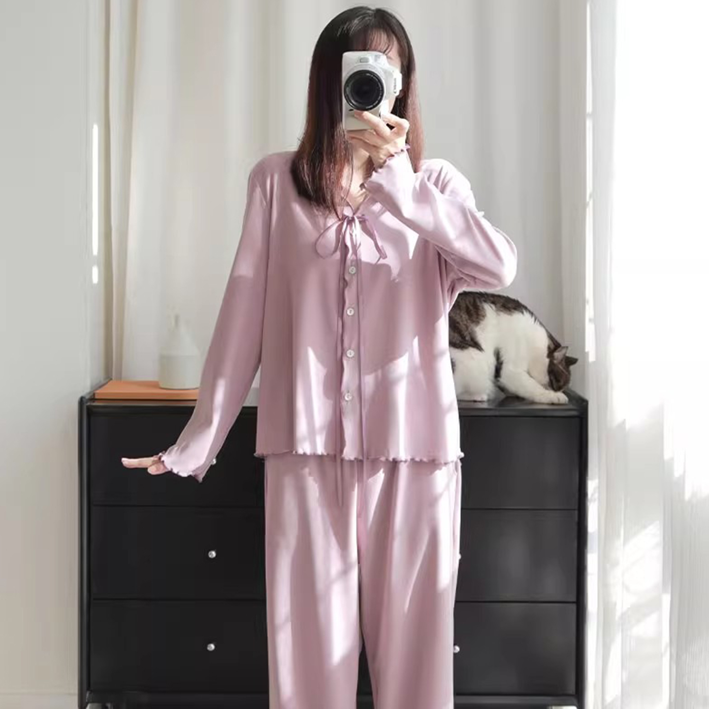 木耳边系带德绒磨毛睡衣女家居服