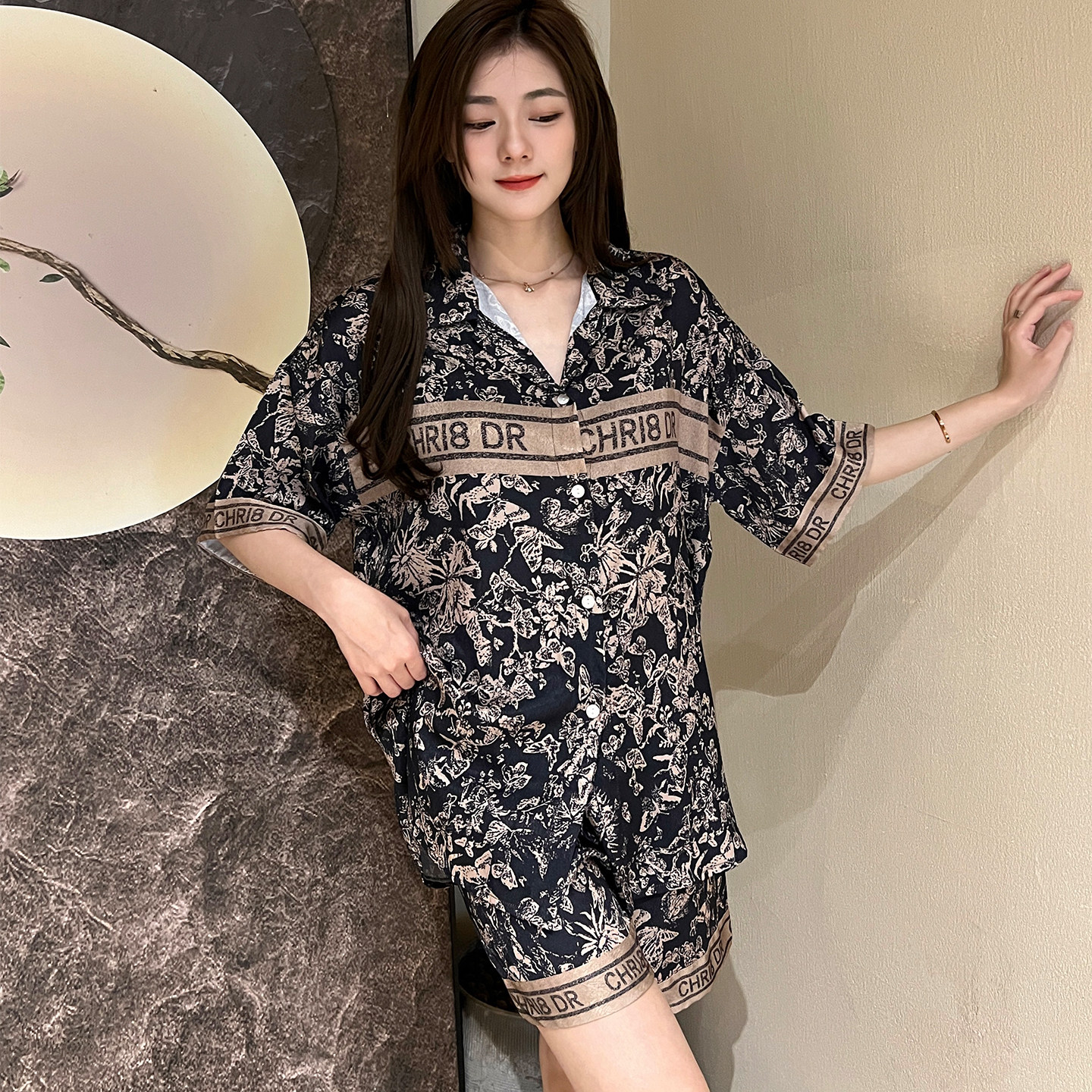 高级感国风水墨花卉睡衣女夏季薄款中袖短裤凉感冰丝家居服两件套