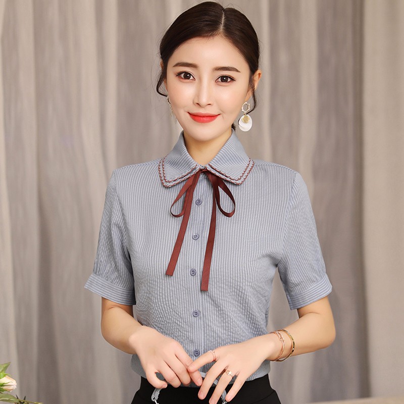 蝴蝶结系带衬衫女短袖2025夏季新款条纹职业衬衣气质上班族工作装