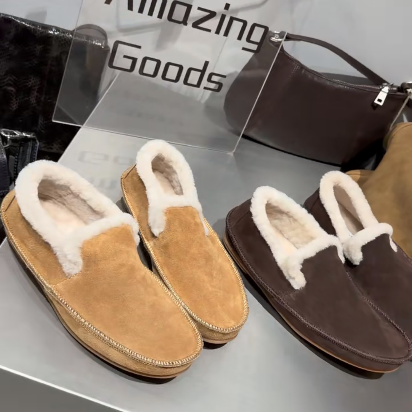 WM6欧货女鞋2025秋冬新款牛猄拼色羊羔毛圆头一脚蹬保暖乐福鞋