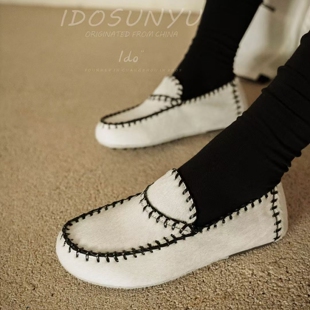 IDO/TT欧货女鞋2025秋冬新款牛毛拼色车缝线圆头一脚蹬平底乐福鞋