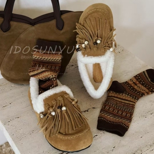 IDO/TT欧货女鞋2025秋冬新款皮毛一体圆头拼色串珠流苏保暖乐福鞋