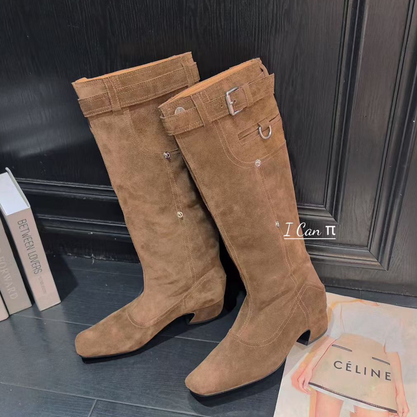 ICAN欧货女鞋2025秋冬新款牛猄方头皮带扣套筒粗跟复古高筒骑士靴