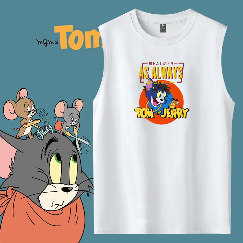 汤姆和杰瑞猫和老鼠高街风新款运动纯棉无袖t恤大码透气健身背心