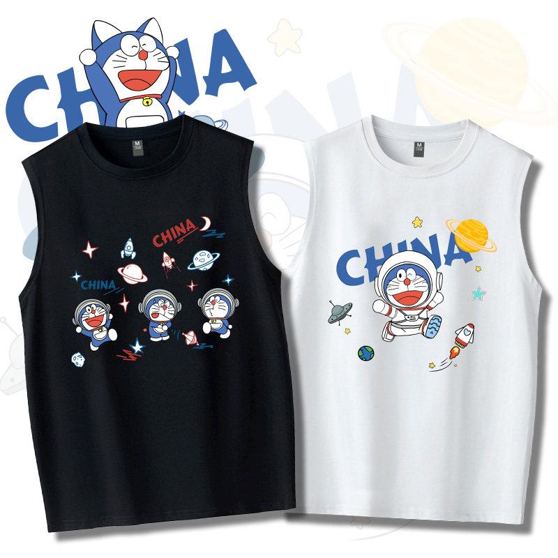 可定制哆啦A梦航天员系列运动纯棉无袖T恤衫ins超火情侣大码背心