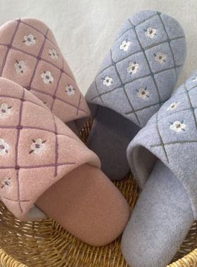 售3080日元贵牌 36-39码含羊毛刺绣女士秋冬地板鞋居家鞋棉拖鞋