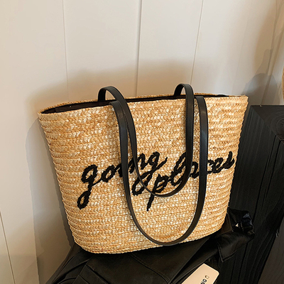 泰国字母刺绣草编包大容量菜篮包