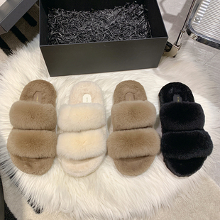 一字托棉拖 家用平底加绒韩版 毛毛鞋 女外穿秋冬仙女风超火网红拖鞋