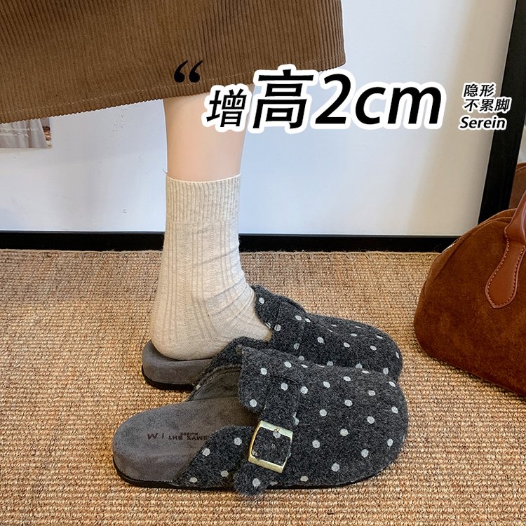 韩系平底毛呢包头勃肯波点拖鞋