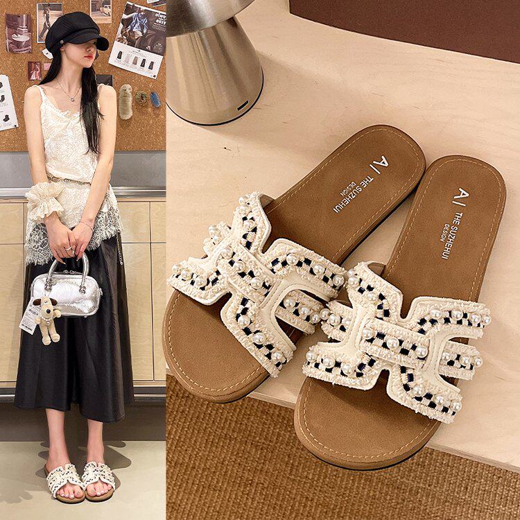 珍珠法式度假凉拖鞋女夏外穿2026新款平底防滑配裙子温柔风一字拖