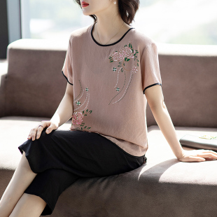 夏装 套装 时尚 两件式 中老年人女奶奶洋派质T恤上 妈妈短袖 2025新款