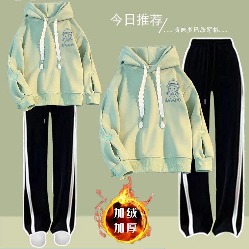 少女小清新加绒加厚学院风穿搭一整套秋冬新款休闲风时尚卫衣套装