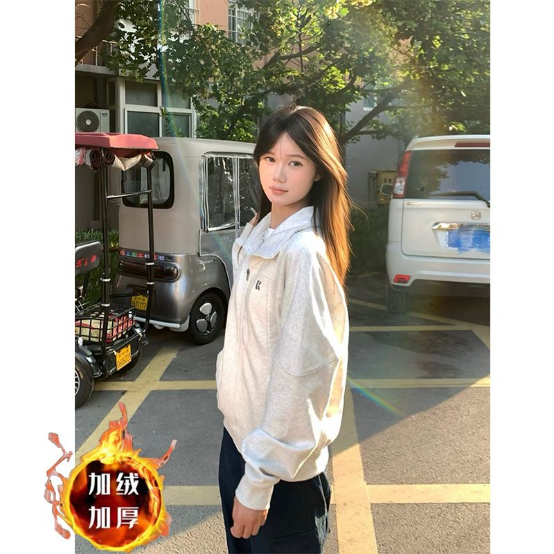 学院风花灰色立领卫衣女加绒加厚宽松休闲开衫秋冬运动外套上衣潮