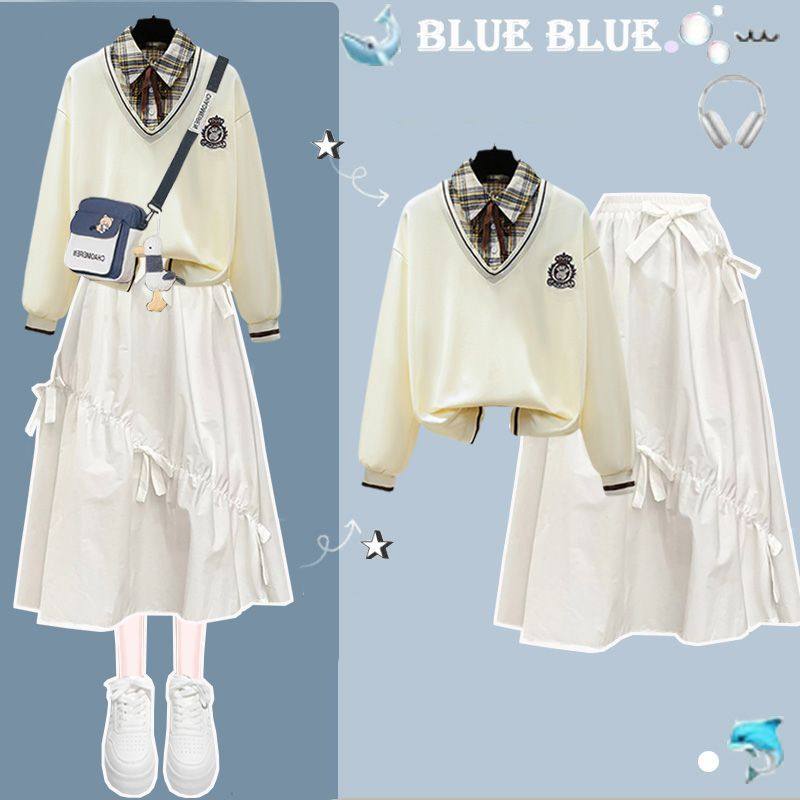 英伦风时尚假两件格子Polo领卫衣套装女春秋季学院风宽松两件套潮,女装/女士精品,时尚套装,淘宝优惠券,粉丝福利购,淘宝优惠卷