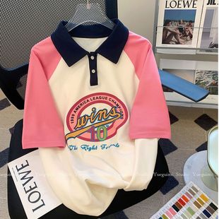 小众印花短袖 美式 夏季 潮牌撞色宽松插肩袖 T恤女休闲上衣服 polo衫