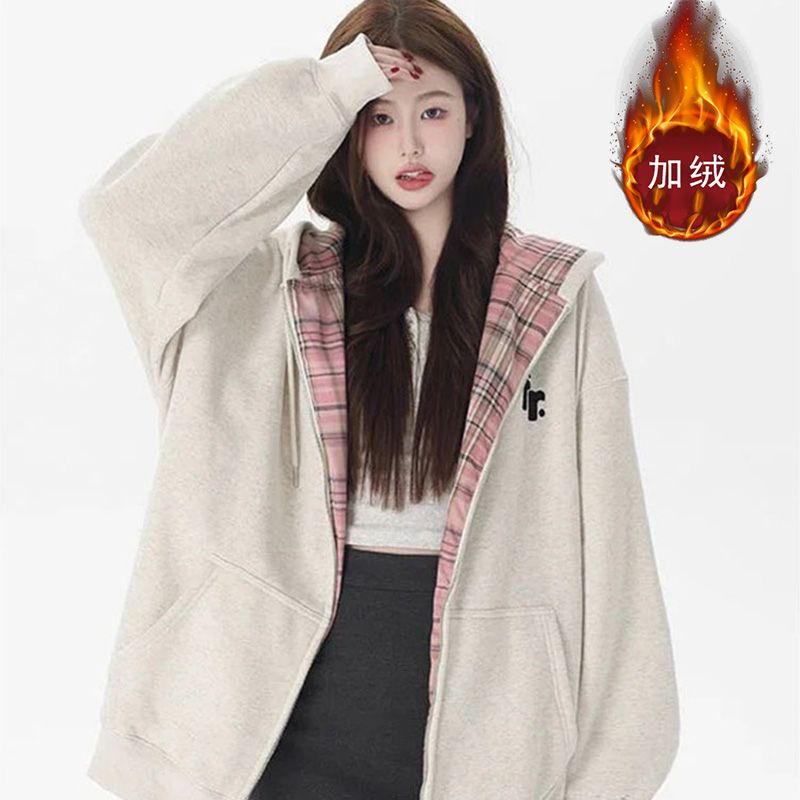 时尚休闲风撞色格纹连帽卫衣女秋冬潮牌oversize加绒加厚学院外套