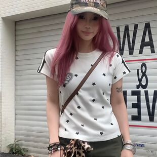 夏季新款美式辣妹短款紧身T恤女星星印花短袖显瘦百搭复古上衣潮