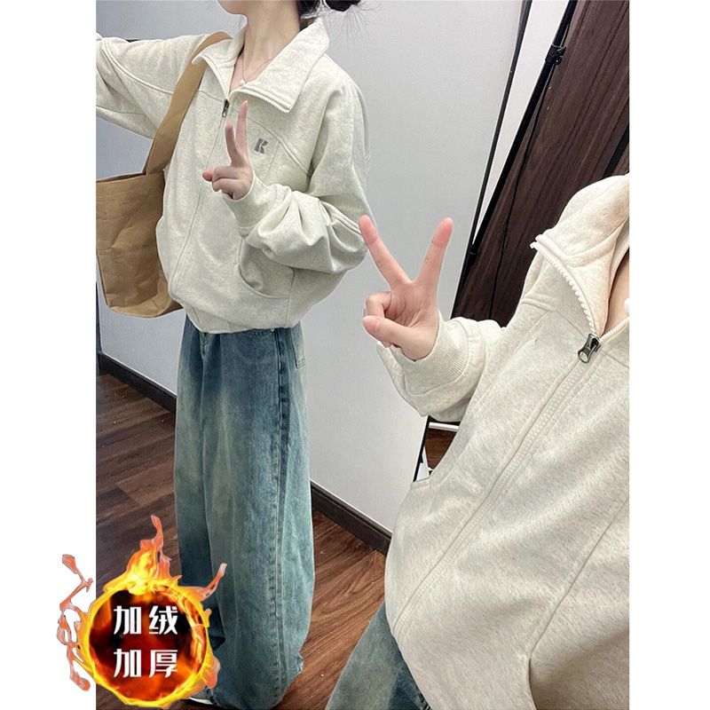 韩系立领拉链卫衣女加绒加厚宽松学院风休闲外套秋冬短款开衫上衣