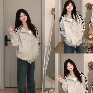 学生百搭简约休闲韩版开衫卫衣女春秋新款宽松拼接设计感运动外套