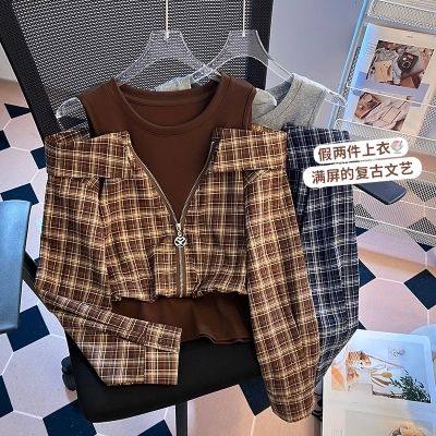 复古时髦感假两件设计春秋T恤女