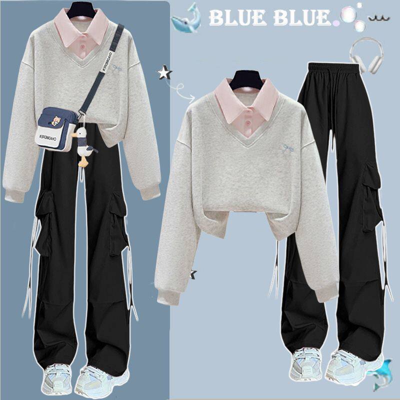 甜酷学生春秋季设计感运动服套装少女新款假两件卫衣工装裤两件套