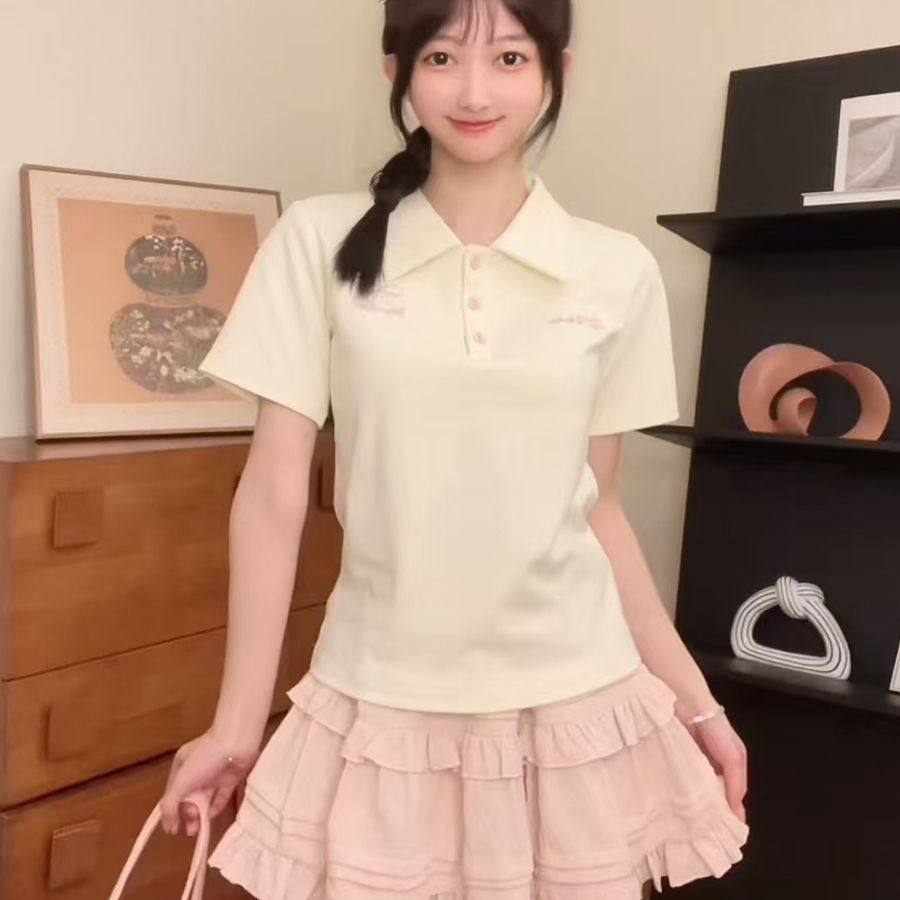 学院风甜美刺绣字母polo领正肩短袖t恤女夏季减龄修身显瘦短上衣,女装/女士精品,T恤,淘宝优惠券,粉丝福利购,淘宝优惠卷