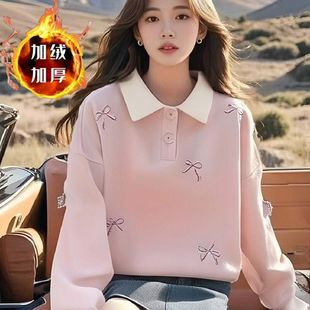 甜美少女风加绒Polo领多巴胺卫衣秋冬新款蝴蝶结刺绣学院风上衣潮