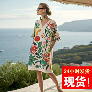 希腊风情复古印花连衣裙新款 裙子海边度假沙滩裙 宽松显瘦中长款