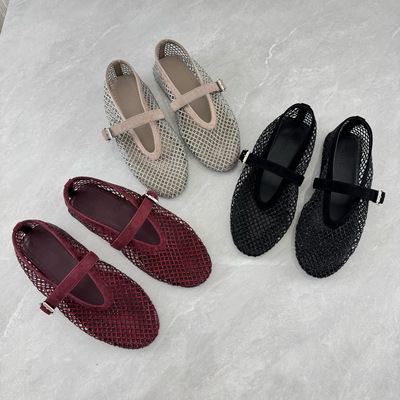 法式复古烫钻羊皮网纱玛丽珍鞋