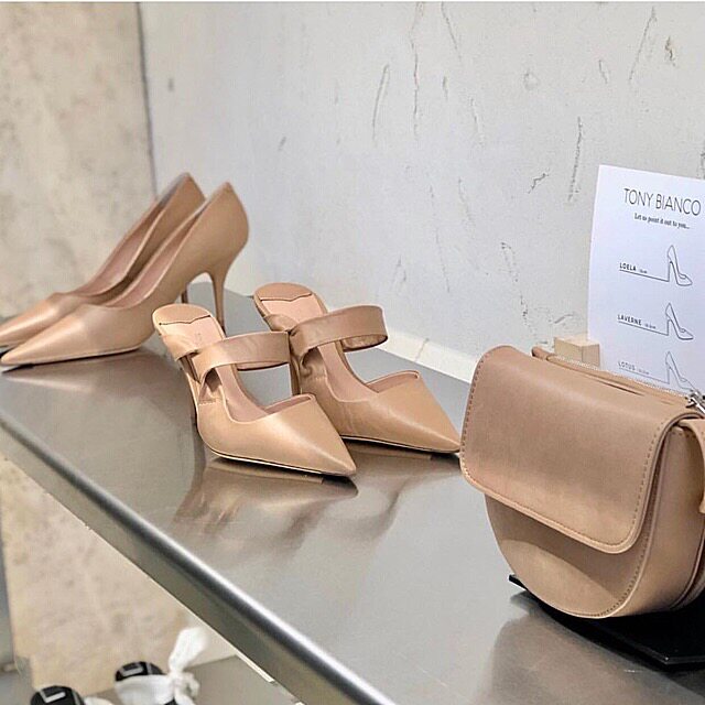 chic 强推自留~！显腿长！欧美杏色尖头细跟高跟鞋仙女包头凉拖鞋