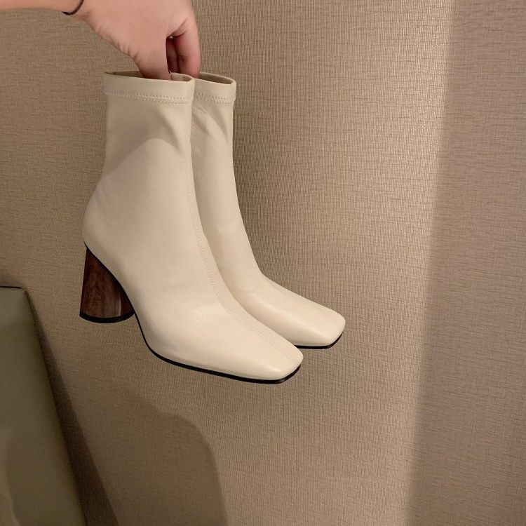 上档次~特色木纹跟！方头高跟短靴女秋冬新款粗跟弹力靴短筒百搭,女鞋,时装靴,淘宝优惠券,粉丝福利购,淘宝优惠卷