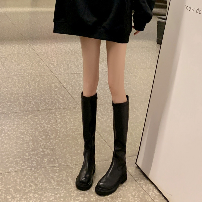 chic 显腿长~！经典百搭！网红圆头厚底骑士靴子弹力长靴女瘦瘦靴