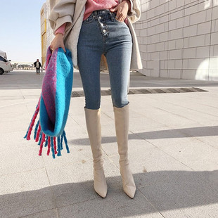 韩国米白色尖头细高跟骑士靴高筒靴长靴 显腿长 chic 强推自留