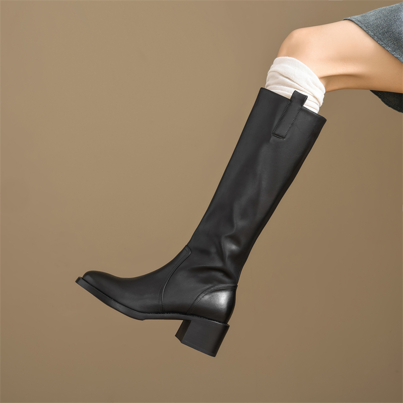 秋冬粗跟圆头真皮不过膝长靴
