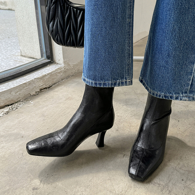 法式方头细跟弹力短靴高跟瘦瘦靴