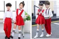 Học sinh Biểu diễn Đọc sách Nam và Nữ Bộ đồ mùa thu Trang phục hợp xướng Trang phục cho trẻ em Đồng phục học sinh Bib dài tay màu đỏ - Trang phục quần áo trẻ em hàn quốc