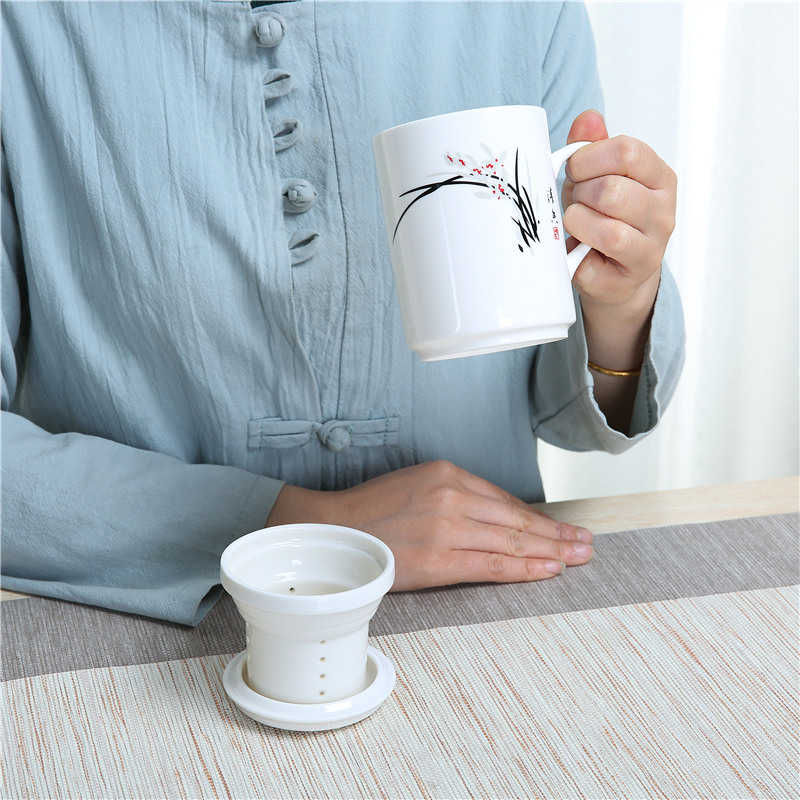 陶瓷杯子带盖茶隔过滤个人杯办公室水杯会议泡茶杯茶水家用喝水杯