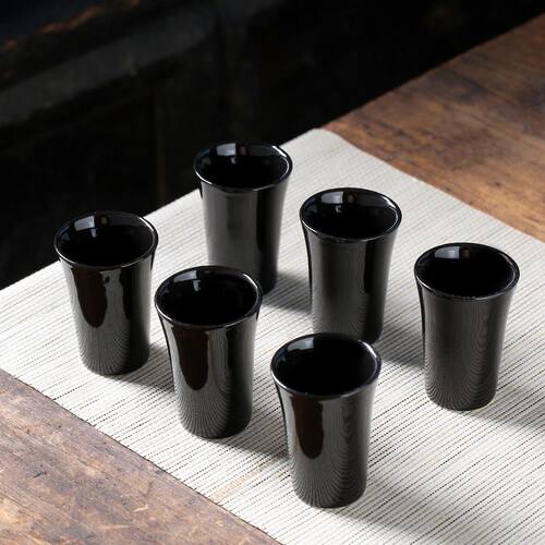 黑色陶瓷白酒杯6只装反口酒杯家用酒具套装小酒盅20ml一口杯
