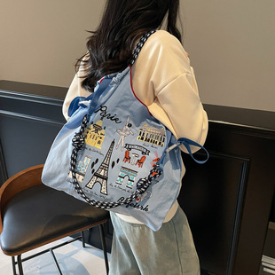 日系小众尼龙铁塔刺绣单肩包女2025新款 百搭大容量便携购物袋 时尚