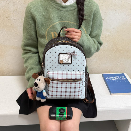 少女风波点格纹双肩包包女大容量