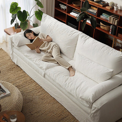 侘寂风可拆洗布艺棉麻怀抱沙发客厅小户型三双人直排奶油风沙发ss