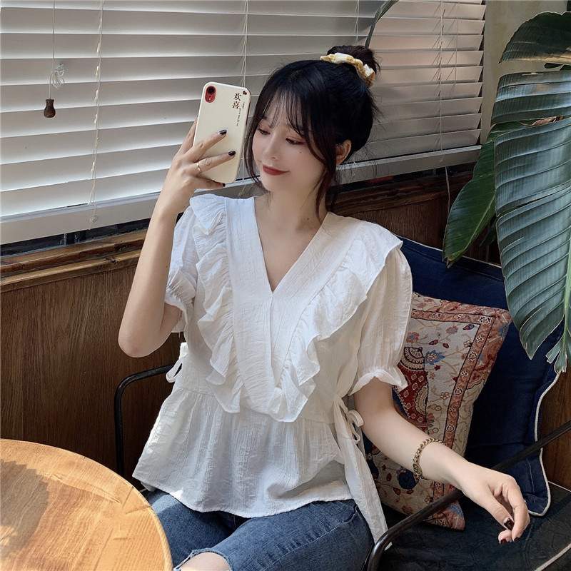 Real shot design small crowd super fairy V-neck white short sleeve shirt French Ruffle chiffon shirt